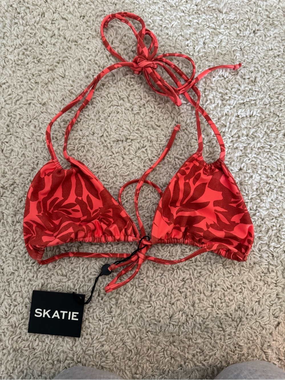 Skatie Red Floral Print Triangle Bikini Top